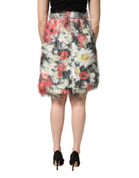Multicolor Floral Textured Faux Fur Pencil Skirt