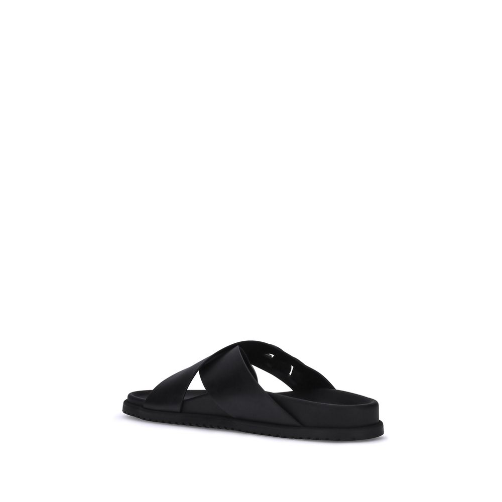 Black Calf Leather Bos Taurus Flat Sandals