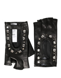 Women Black Embellished Wrist Length Mitten Gloves