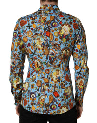 Blue Cotton Jewel Print Button Down GOLD Shirt