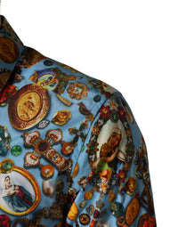 Blue Cotton Jewel Print Button Down GOLD Shirt