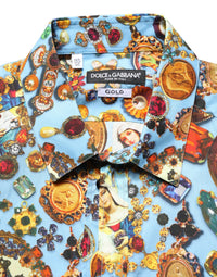 Blue Cotton Jewel Print Button Down GOLD Shirt