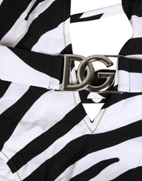 Black White Zebra Deep V-Neck One Piece Swimwear