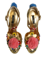 Gold Fur Trim Glitter T-strap Sandals Shoes