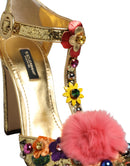 Gold Fur Trim Glitter T-strap Sandals Shoes
