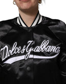 Black Satin Floral Embroidery Bomber Jacket
