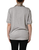 Gray Cotton V-neck Owl Silk Scarf Top T-shirt