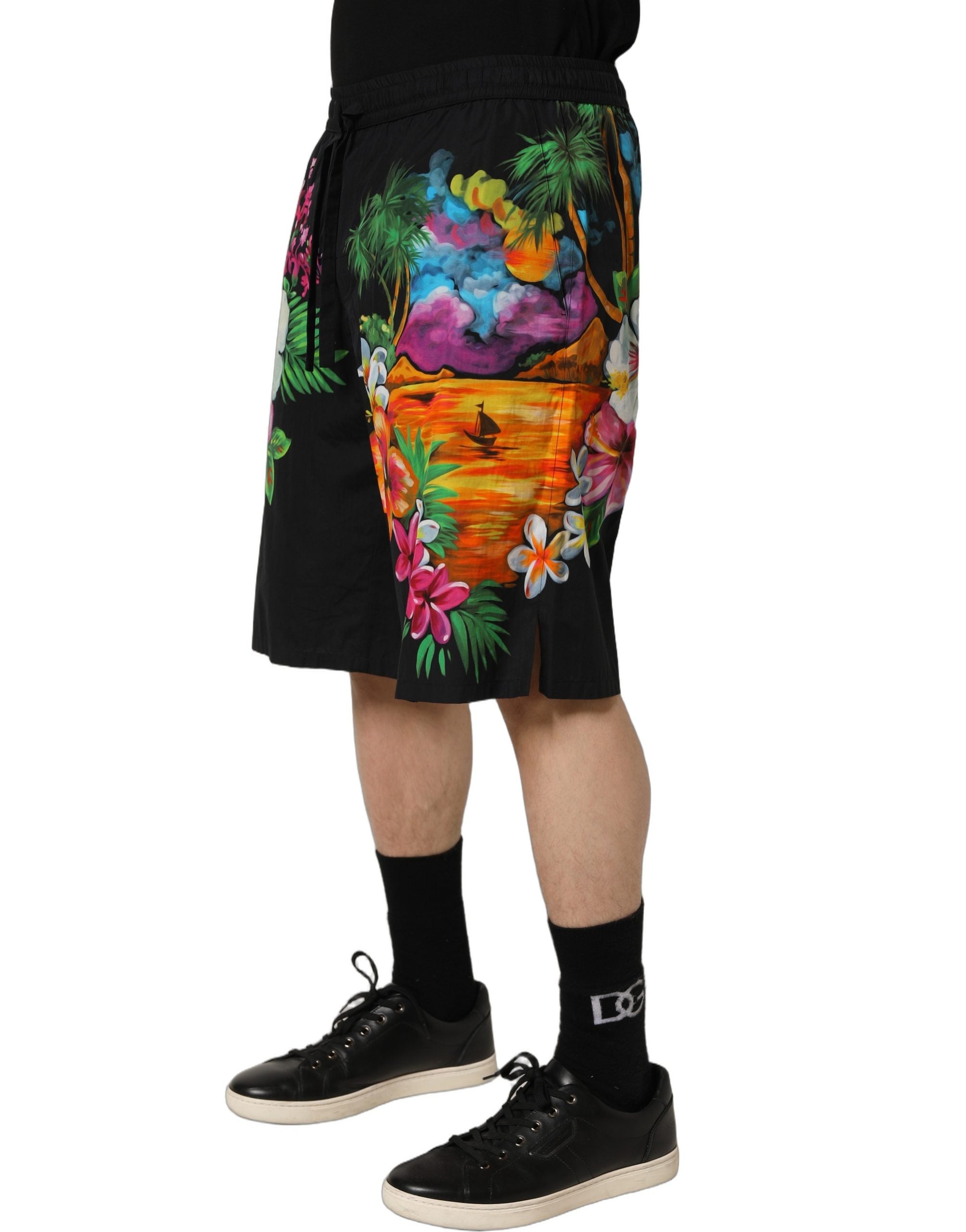 Black Cotton Tropical Floral Bermuda Shorts