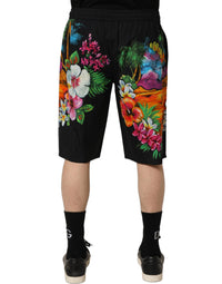 Black Cotton Tropical Floral Bermuda Shorts