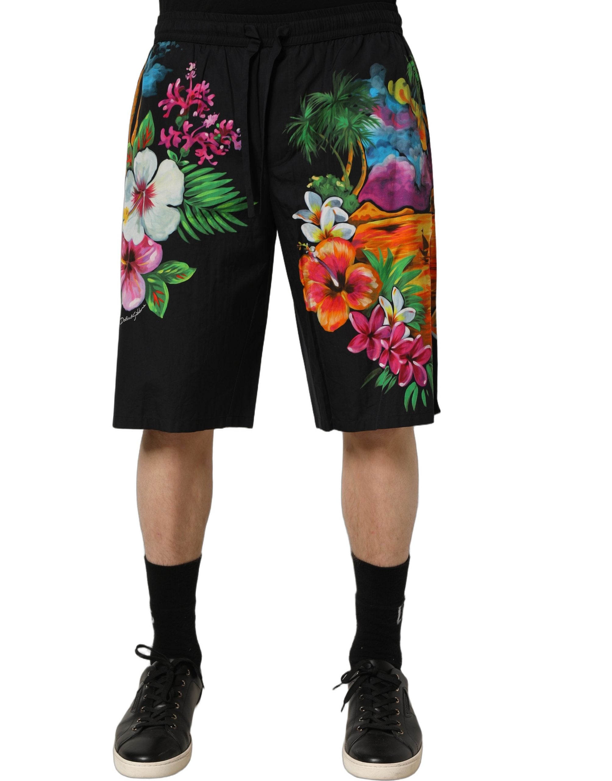 Black Cotton Tropical Floral Bermuda Shorts