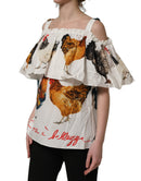 White Rooster Print Poplin Off The Shoulder Top