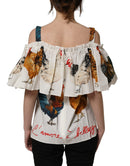 White Rooster Print Poplin Off The Shoulder Top