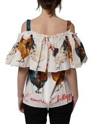 White Rooster Print Poplin Off The Shoulder Top