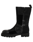 Black Patchwork Leather Mid Calf Boots Shoes