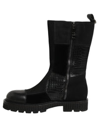 Black Patchwork Leather Mid Calf Boots Shoes