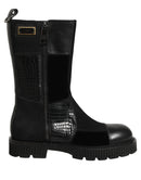 Black Patchwork Leather Mid Calf Boots Shoes