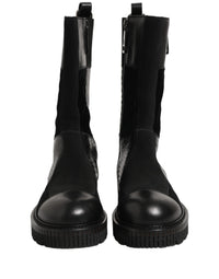 Black Patchwork Leather Mid Calf Boots Shoes