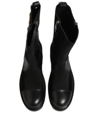 Black Patchwork Leather Mid Calf Boots Shoes