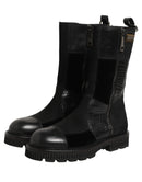 Black Patchwork Leather Mid Calf Boots Shoes