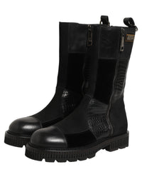 Black Patchwork Leather Mid Calf Boots Shoes