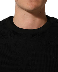 Black Cotton Floral Lace Crew Neck T-shirt
