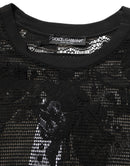 Black Cotton Floral Lace Crew Neck T-shirt