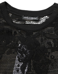 Black Cotton Floral Lace Crew Neck T-shirt