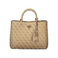 Beige Leather Women's Bag with Handles and Shoulder Strap