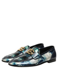 Metallic Blue Silver Leather DG Loafers Shoes