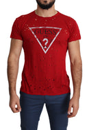 Red Cotton Logo Print Men Casual Top Perforated T-shirt