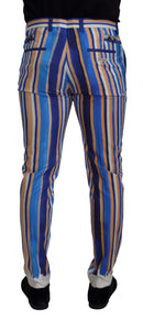 Blue Striped Silk Cotton Slim Trousers Pants