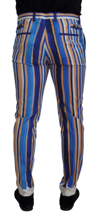 Blue Striped Silk Cotton Slim Trousers Pants