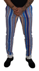 Blue Striped Silk Cotton Slim Trousers Pants
