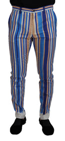 Blue Striped Silk Cotton Slim Trousers Pants