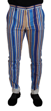 Blue Striped Silk Cotton Slim Trousers Pants