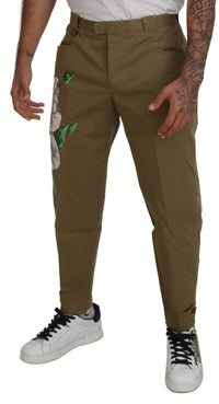 Beige Cotton Stretch Floral Chinos Pants