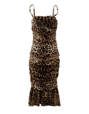 Brown Leopard Print Ruched Midi Dress