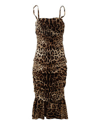 Brown Leopard Print Ruched Midi Dress
