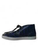 Blue Calfskin Leopard Mid Top Sneakers Shoes