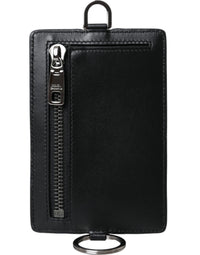 Black Calf Leather Lanyard Logo Card Holder Men Wallet