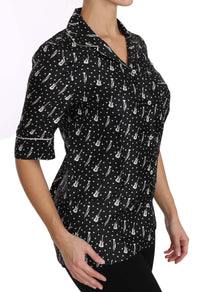 Black GuitarTrumpet Print Silk Shirt Top