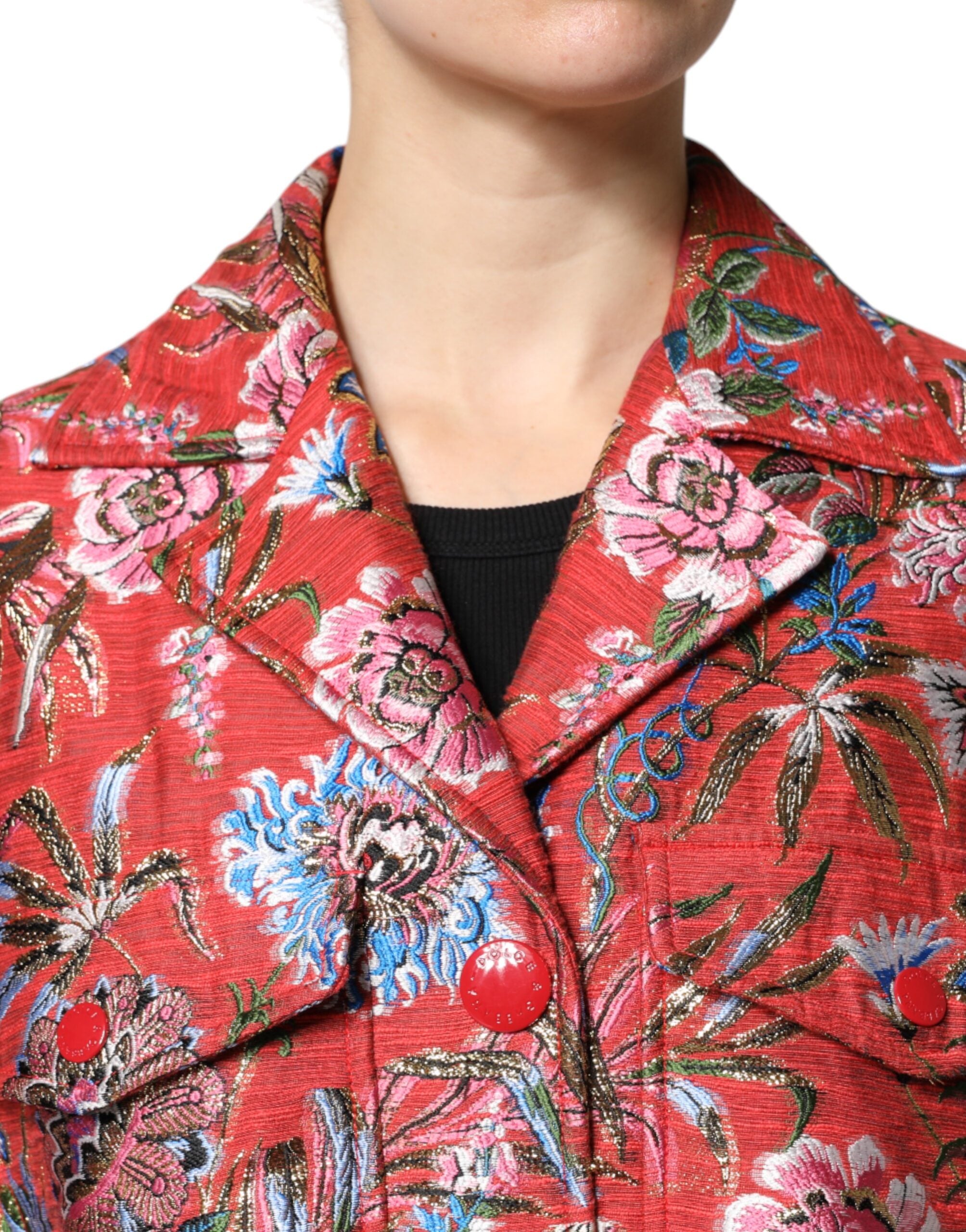 Red Floral Jacquard Button Down Coat Jacket