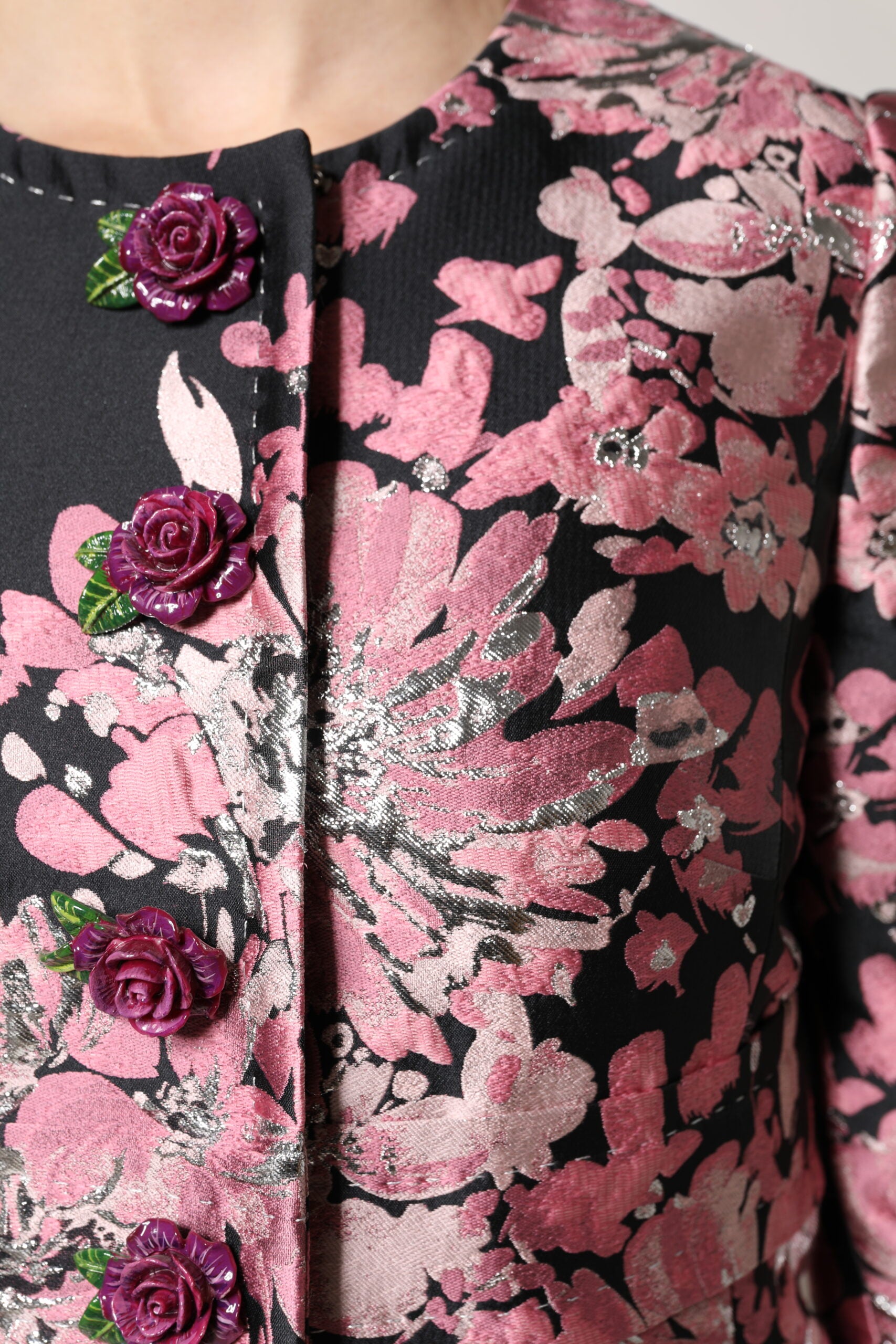 Pink Black Floral Brocade Trenchcoat Jacket