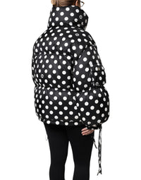 Black White Polka Dot Full Zip Puffer Jacket