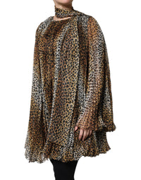 Brown Leopard Print Scarf Collared Chiffon Dress