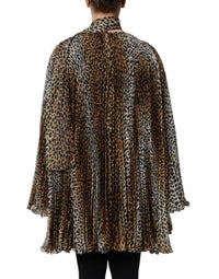 Brown Leopard Print Scarf Collared Chiffon Dress