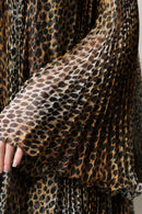 Brown Leopard Print Scarf Collared Chiffon Dress