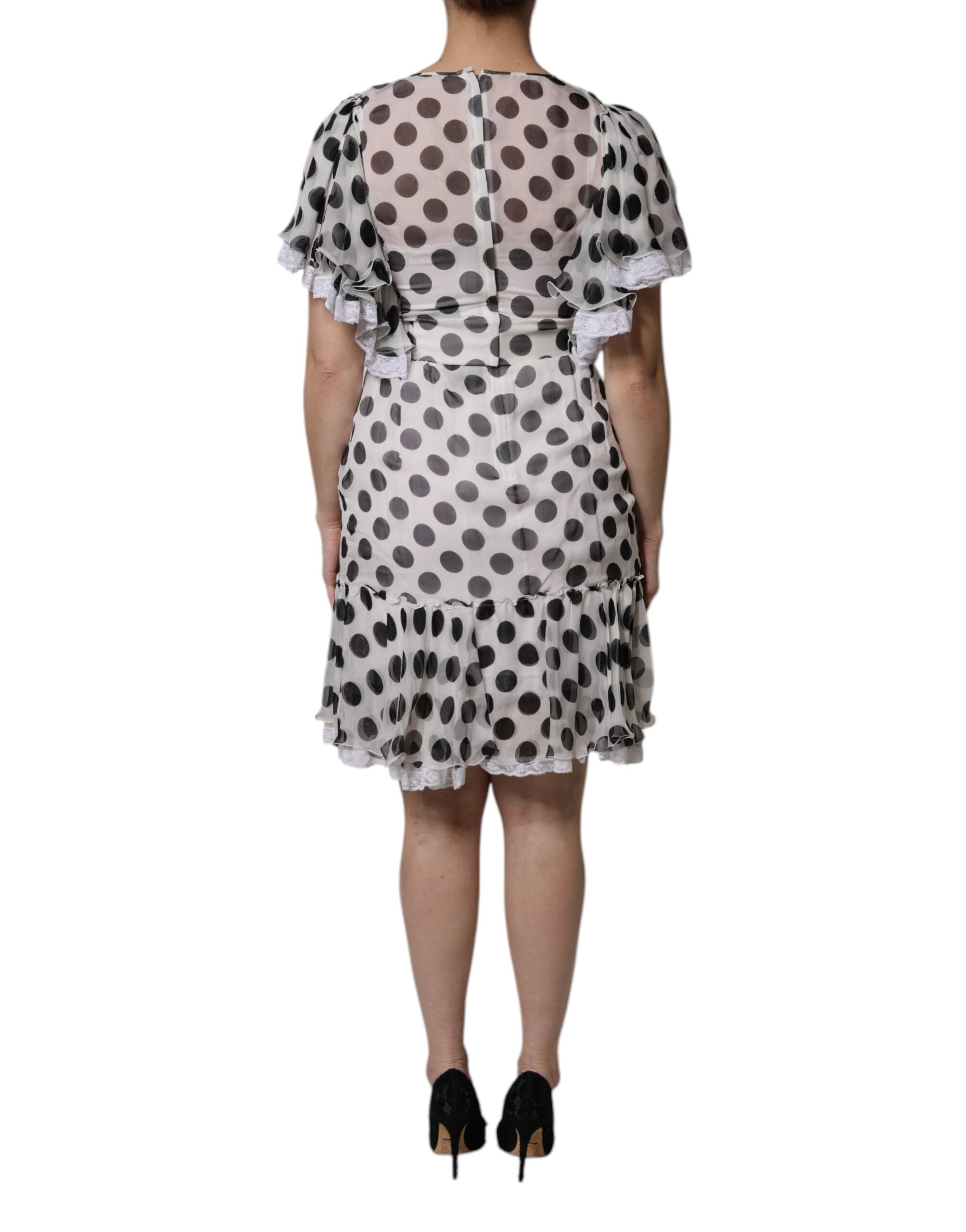 White Polka Dotted Silk Blend A-line Dress