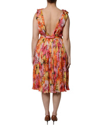 Multicolor Floral Silk V-neck Chiffon Dress