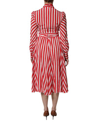 White Red Stripes Long Sleeves Midi Dress
